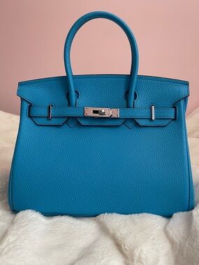 Elegant Blue Structured Top-Handle birkin style Bag